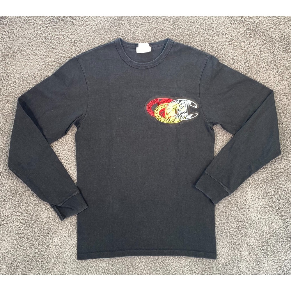 Vintage Champion Long Sleeve Shirt Youth S Black Embroidered Logo Y2K Cotton